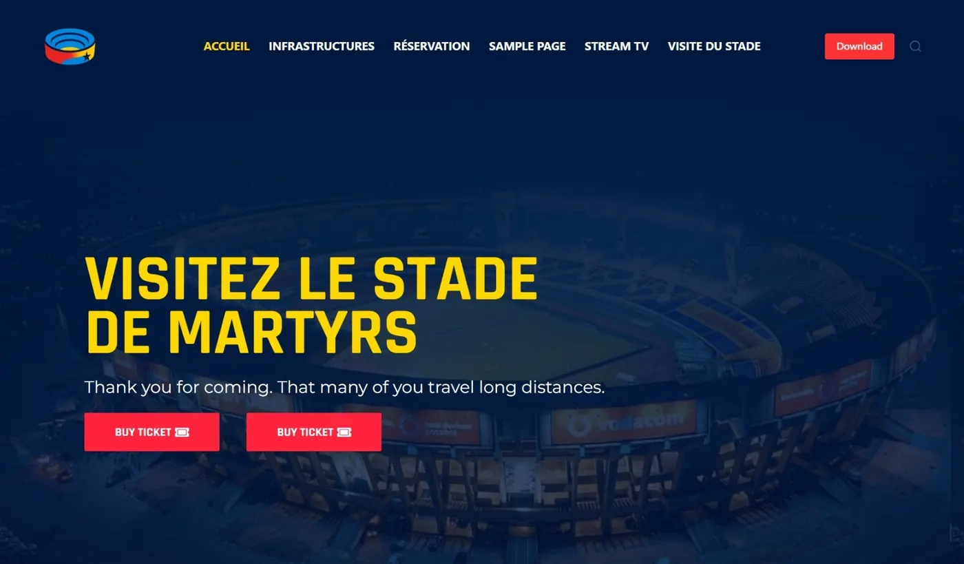 Home page of the Stade des Martyrs website, in Kinshasa